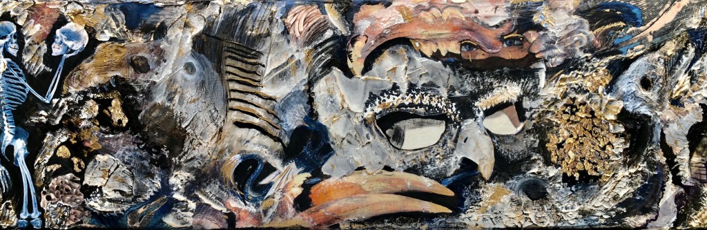 “Not a Bone To Pick”
mixed media with metallics on canvas, 8x24, 2021 by Cedar Fox